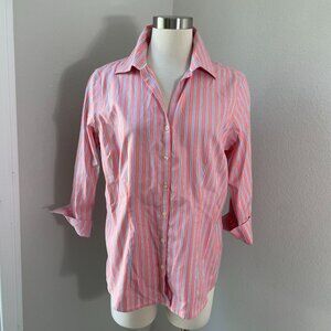 Lands End Womens 14 No Iron Pinpoint Oxford Shirt Striped 3/4 Sleeves Blouse Top